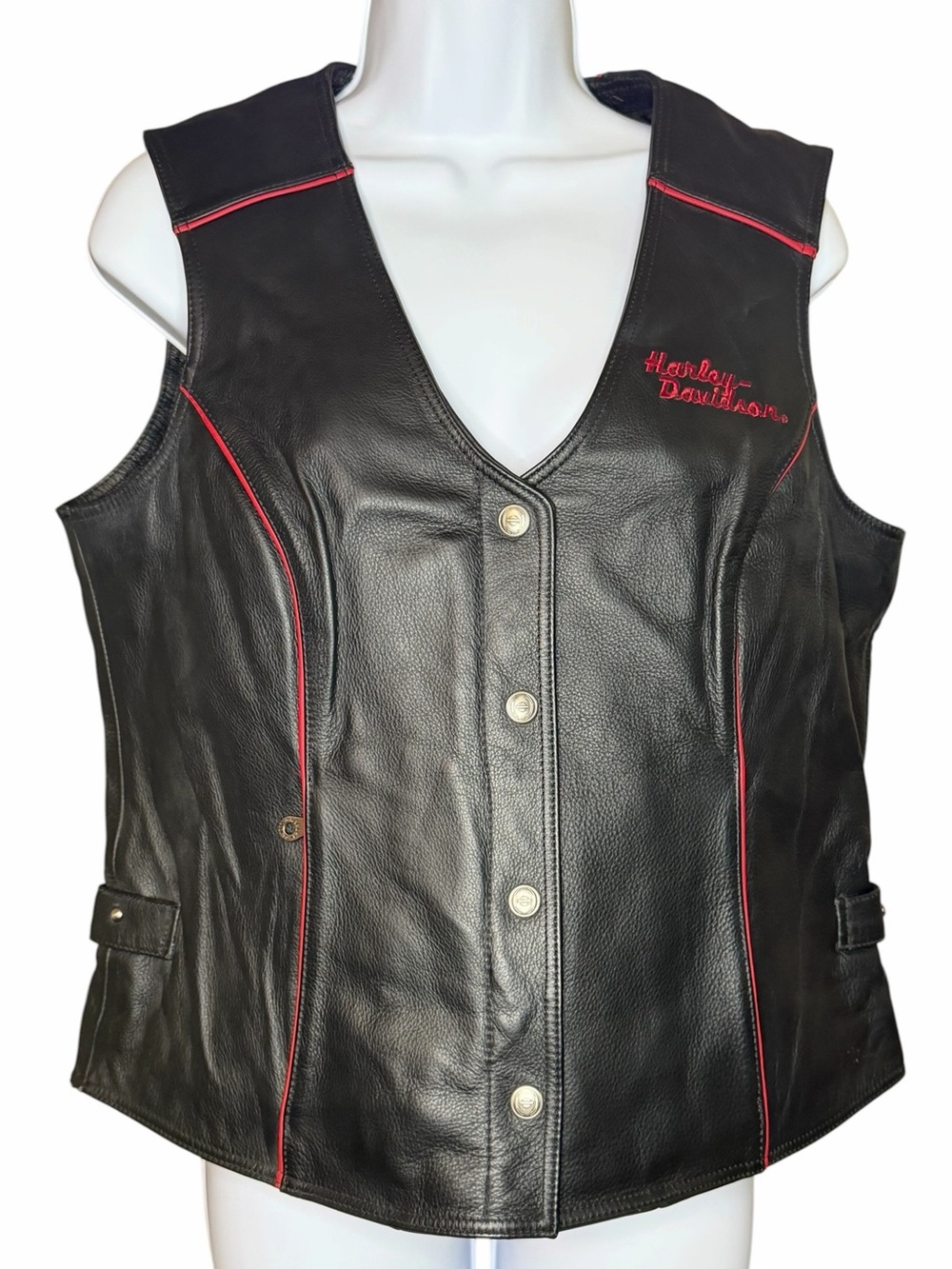 Harley-Davidson Women’s Leather Vest Black Red Trim Embroidered Size L